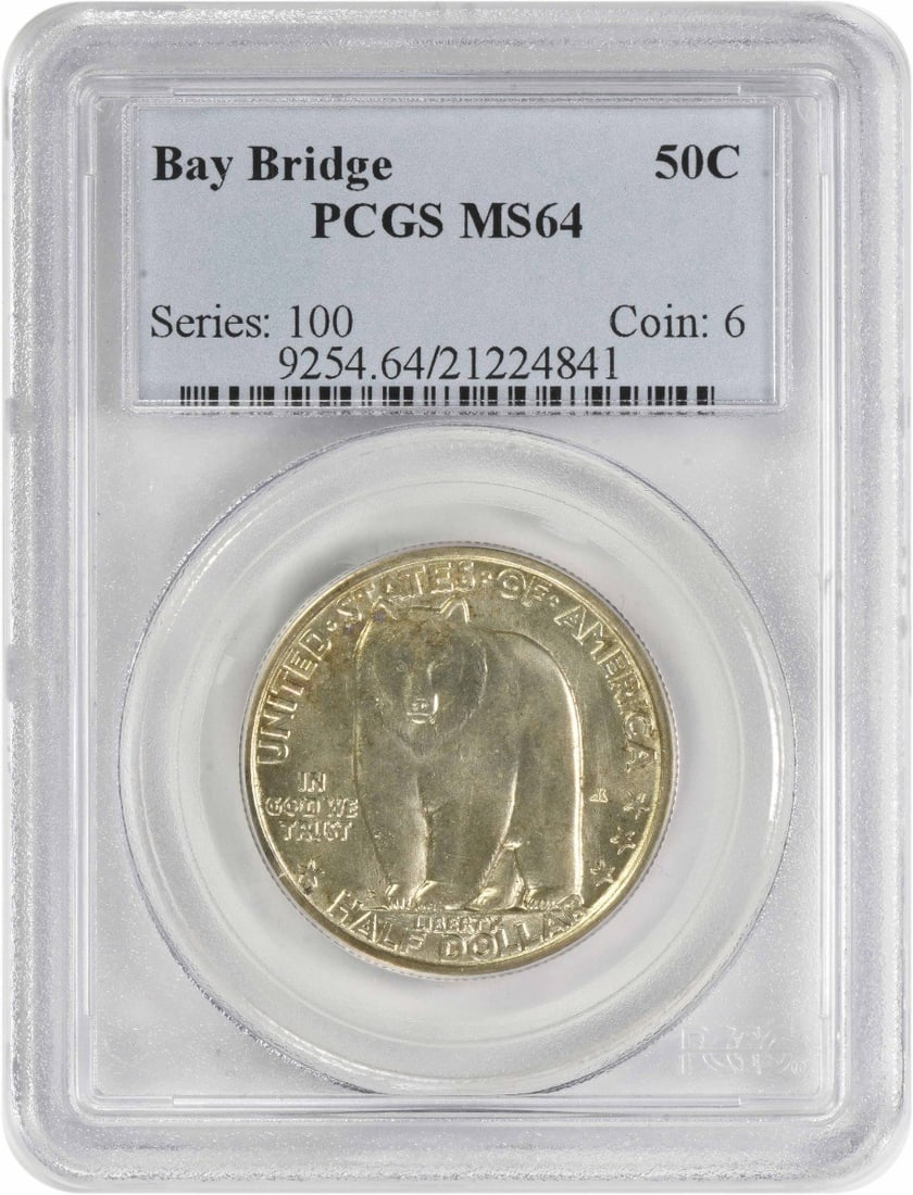 1936-S Bay Bridge Commemorative Half Dollar MS64 PCGS Certified Silver: 1936-S Bay Bridge Commemorative Half Dollar MS64 PCGS Certified Silver This 1936-S Bay Bridge Commemorative Silver Half Dollar, graded MS64 by PCGS, showcases a beautiful tribute to the iconic Bay Bri