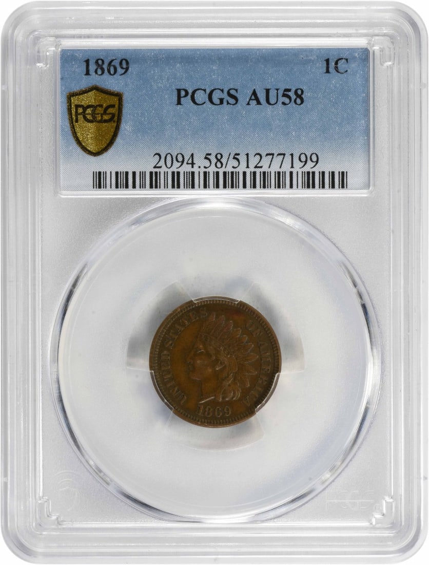 1869 Indian Head Cent AU58 PCGS Copper Small Cent: 1869 Indian Head Cent AU58 PCGS Copper Small Cent This 1869 Indian Cent features the iconic Indian Head design and is graded AU58 by PCGS, indicating its high level of preservation. The coin was minte