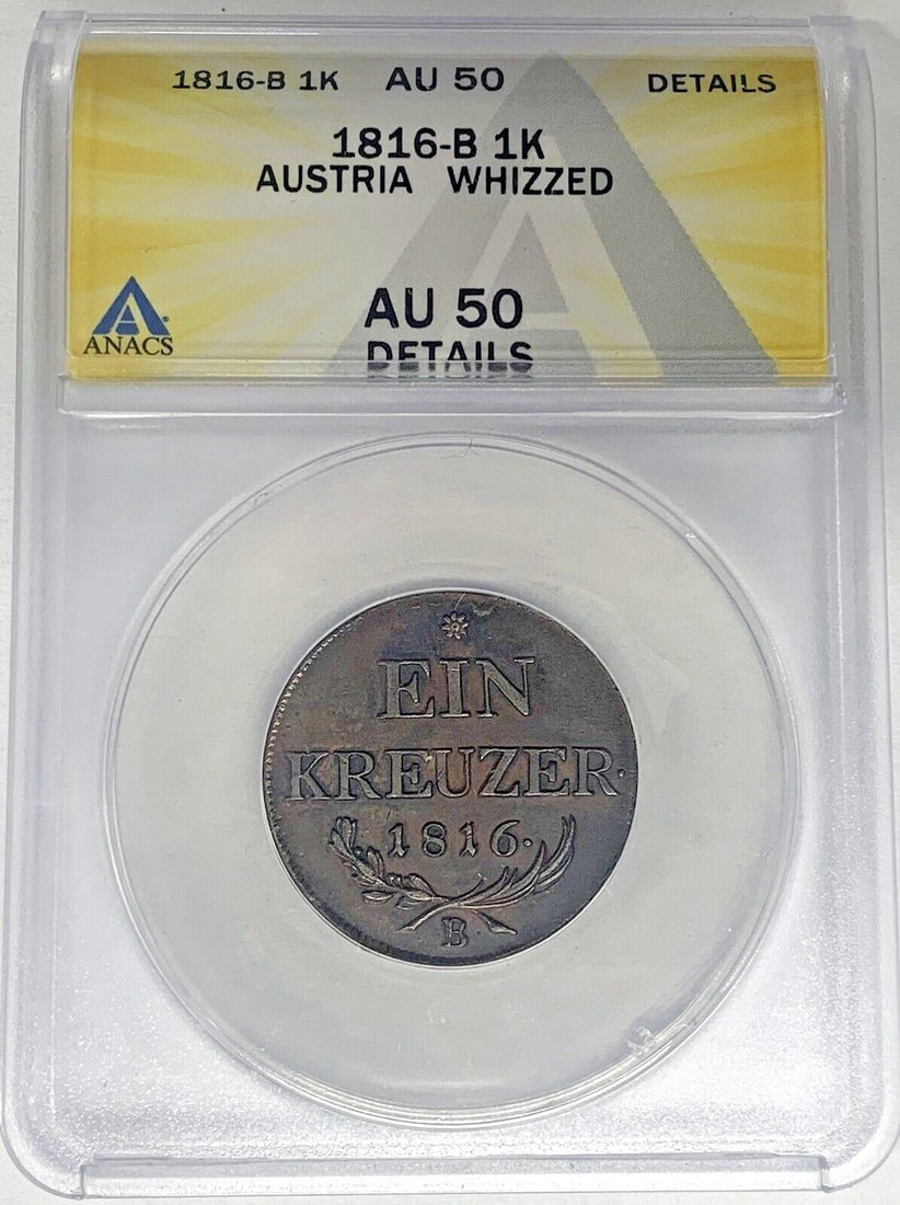 Copper 1816-B Kreutzer from Austria ANACS AU 50 Whizzed: Copper 1816-B Kreutzer from Austria ANACS AU 50 Whizzed This 1816-B Austria 1 Kreutzer coin is composed of copper and has been certified by ANACS with a grade of AU 50 Details. The coin is circulated 