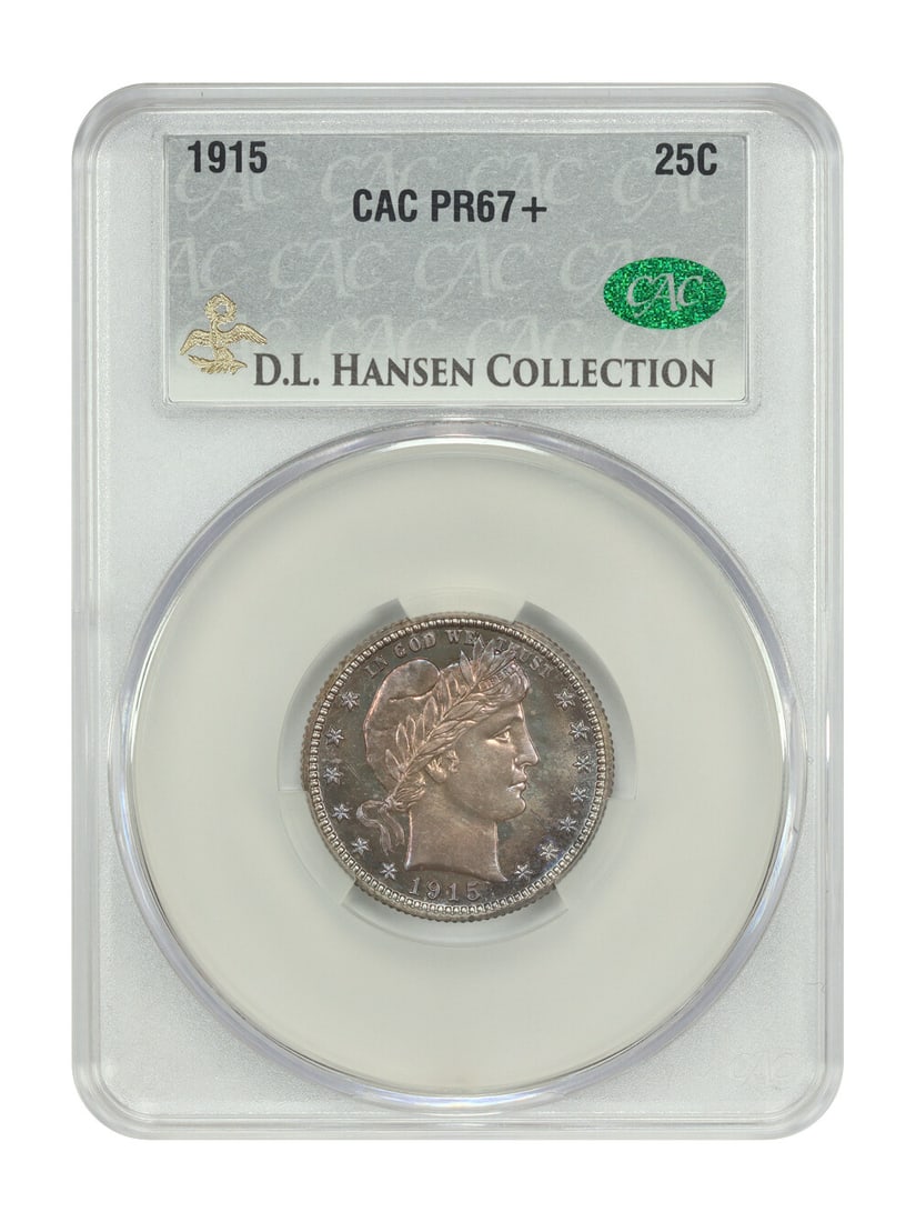 1915 Barber Quarter CACG PR67+ D.L. Hansen Iridescent Gem: 1915 Barber Quarter CACG PR67+ D.L. Hansen Iridescent Gem This stunning 1915 Proof Barber Quarter, certified by CACG with a grade of PR67+, is a must-have for any serious coin collector. Featuring iri