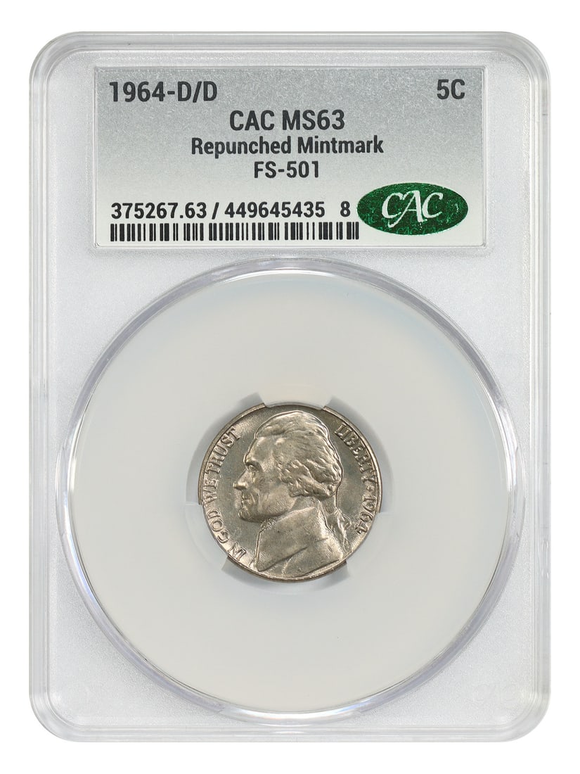 CACG MS63 1964-D Over D RPM FS-501 Jefferson Nickel Variety: CACG MS63 1964-D Over D RPM FS-501 Jefferson Nickel Variety This 1964-D/D Jefferson Nickel is a notable variety featuring a repunched mintmark (RPM, FS-501) and is graded MS63 by CACG. It was struck a