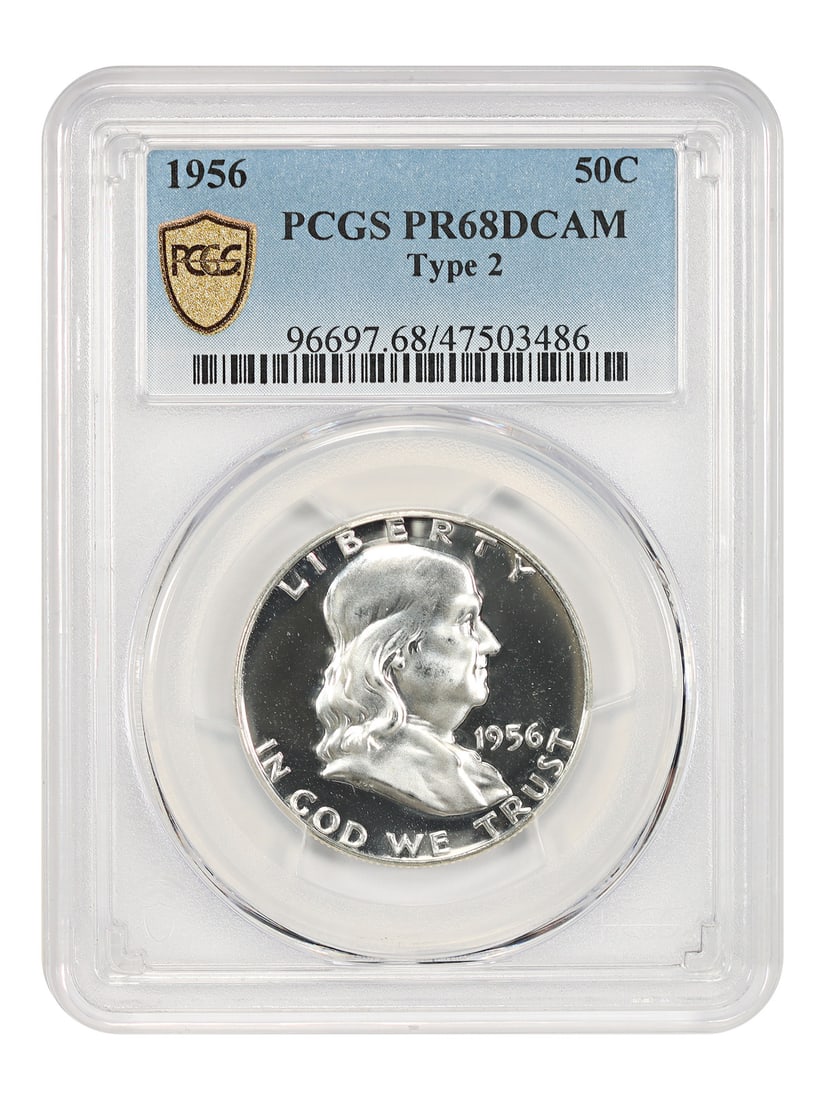 1956 PR68DCAM Type 2 Franklin Half Dollar Certified by PCGS: 1956 PR68DCAM Type 2 Franklin Half Dollar Certified by PCGS This 1956 Franklin Half Dollar is a Type 2 proof coin graded PR68DCAM by PCGS. Struck at the Philadelphia Mint, it features deep cameo contr