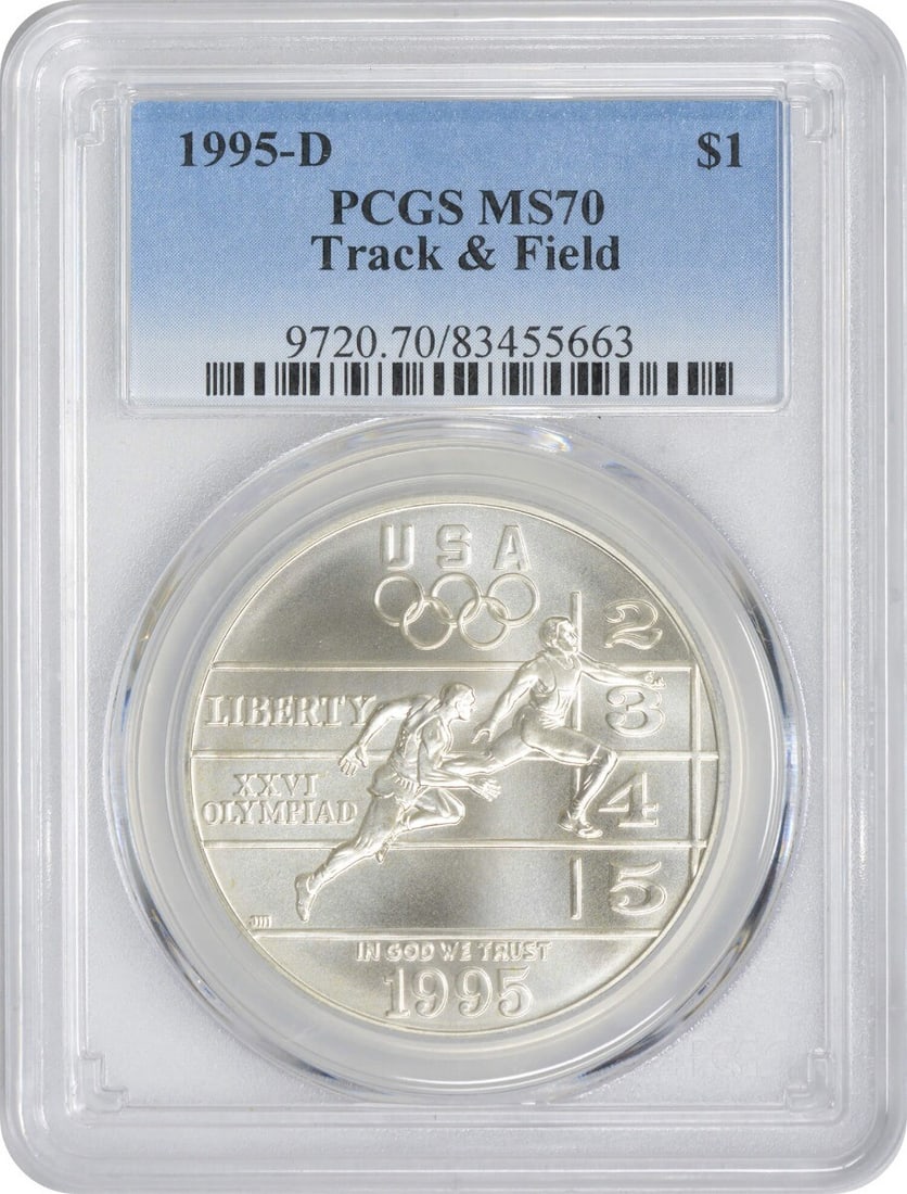 1995-D Olympic Silver Commemorative Dollar MS70 PCGS 90% Silver: 1995-D Olympic Silver Commemorative Dollar MS70 PCGS 90% Silver Celebrate the spirit of athletic achievement with this 1995-D Track & Field Olympic Silver Commemorative Dollar. Graded MS70 by PCGS, th