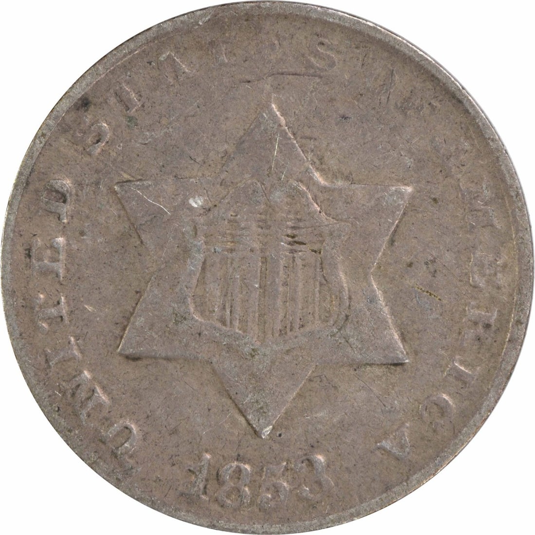 1853 Three Cent Silver Coin F Grade Uncertified Philadelphia Mint: 1853 Three Cent Silver Coin F Grade Uncertified Philadelphia Mint This 1853 Three Cent Silver coin is a historical piece from the United States, featuring a composition of 75% silver and 25% copper. D