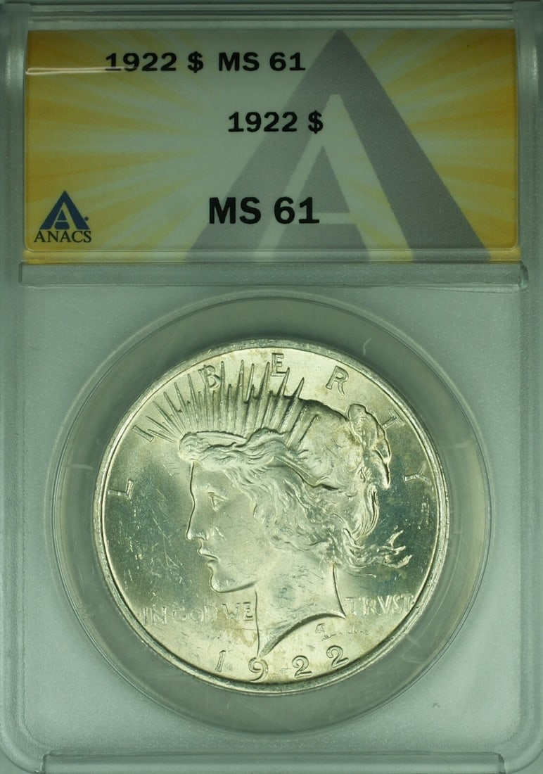 ANACS MS-61 1922 Peace Dollar Silver Coin Philadelphia Mint: ANACS MS-61 1922 Peace Dollar Silver Coin Philadelphia Mint This is a 1922 Peace Silver Dollar coin from the United States, certified by ANACS with a grade of MS 61. The coin was minted in Philadelphi