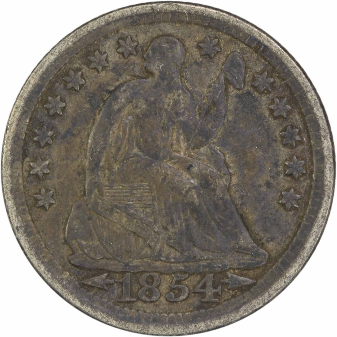 1854 Liberty Seated Half Dime 90% Silver Uncertified: 1854 Liberty Seated Half Dime 90% Silver Uncertified This 1854 Liberty Seated Silver Half Dime features a classic design by Christian Gobrecht, showcasing the iconic seated Liberty. Minted in Philadel