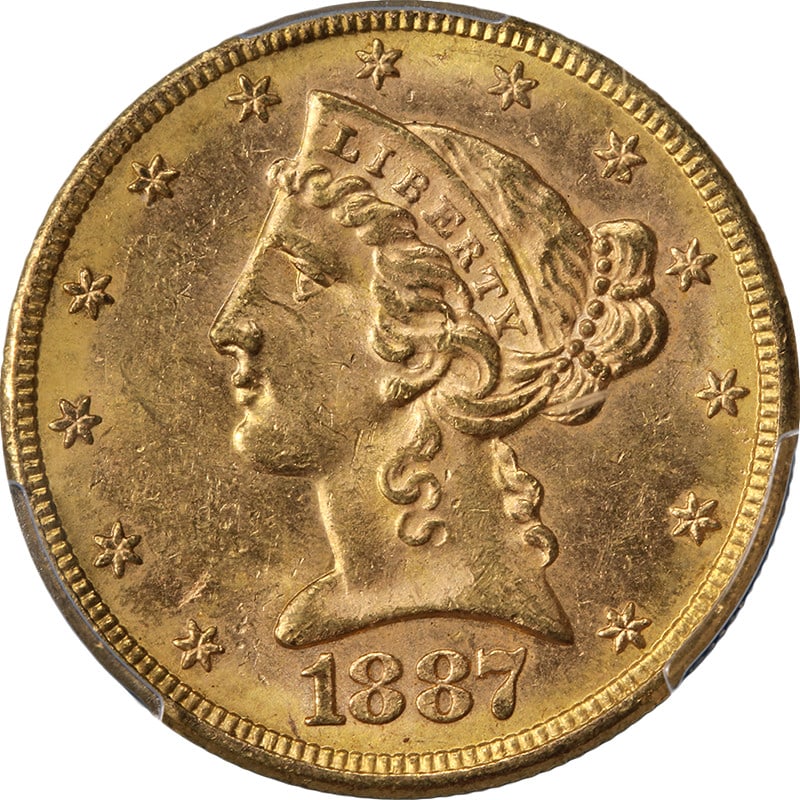 PCGS MS62 1887-S Liberty Head $5 Gold Coin Uncirculated San Francisco Mint: PCGS MS62 1887-S Liberty Head $5 Gold Coin Uncirculated San Francisco Mint This 1887-S Liberty Gold $5 coin is certified by PCGS with a grade of MS62, indicating an uncirculated condition. It features