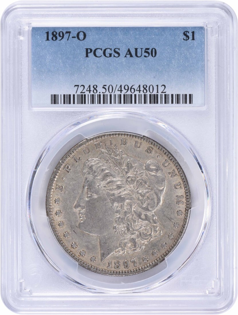 1897-O Morgan Silver Dollar AU50 PCGS Certified Coin: 1897-O Morgan Silver Dollar AU50 PCGS Certified Coin This 1897-O Morgan Silver Dollar is a remarkable piece, certified by PCGS and graded AU50. Struck in 90% silver and 10% copper, this coin showcases