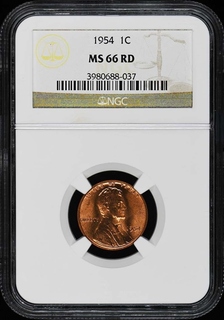 1954 Lincoln Cent NGC MS66RD Uncirculated Philadelphia Mint: 1954 Lincoln Cent NGC MS66RD Uncirculated Philadelphia Mint This 1954 Wheat Reverse Lincoln Cent is a remarkable collectible, certified by NGC with a grade of MS66RD, indicating it is in uncirculated 
