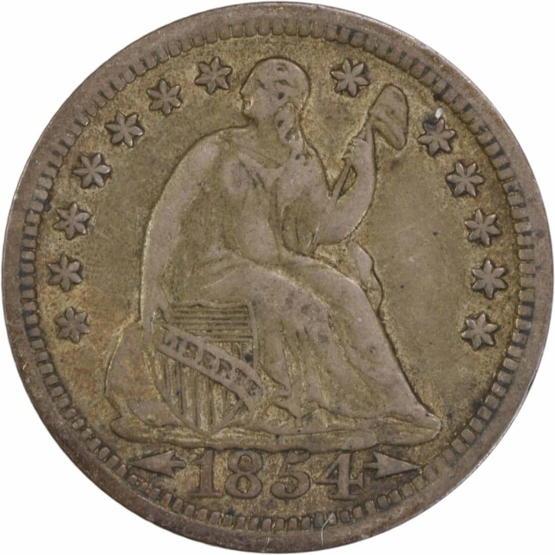 1854 Liberty Seated Half Dime 90% Silver EF Uncertified: 1854 Liberty Seated Half Dime 90% Silver EF Uncertified This 1854 Liberty Seated Silver Half Dime features a classic design by Christian Gobrecht and is a notable piece of American coinage. The coin i