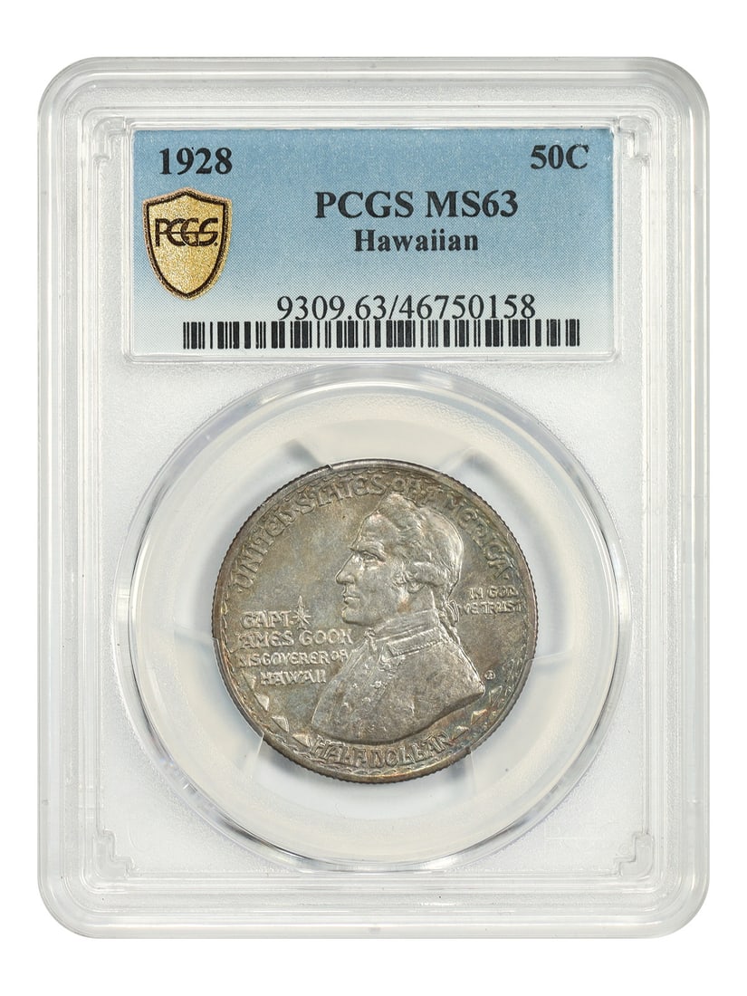 1928 Hawaiian 50 Cent Silver Commemorative Coin PCGS MS63: 1928 Hawaiian 50 Cent Silver Commemorative Coin PCGS MS63 This 1928 50C Hawaiian Classic Silver Commemorative coin is certified by PCGS with a grade of MS63. Issued in 1928 to mark the 150th anniversa