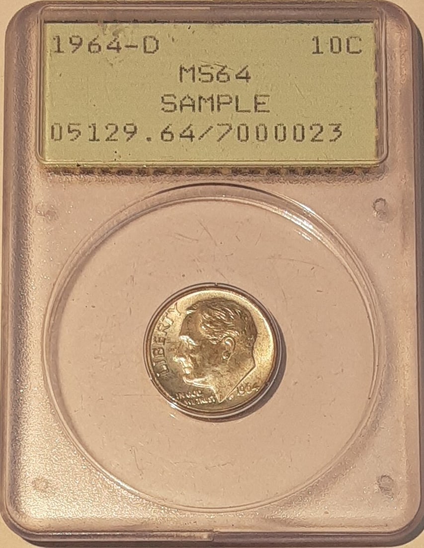 PCGS Sample Slab 1964-D Roosevelt Dime MS 64 Vintage Rattler Holder (1 of 2)
