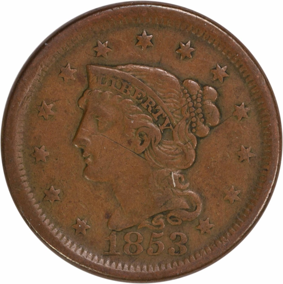 1853 Braided Hair Large Cent Copper EF Uncertified: 1853 Braided Hair Large Cent Copper EF Uncertified This 1853 Large Cent is a stunning example of American numismatic history. Featuring the iconic Braided Hair design by Christian Gobrecht, this coin 