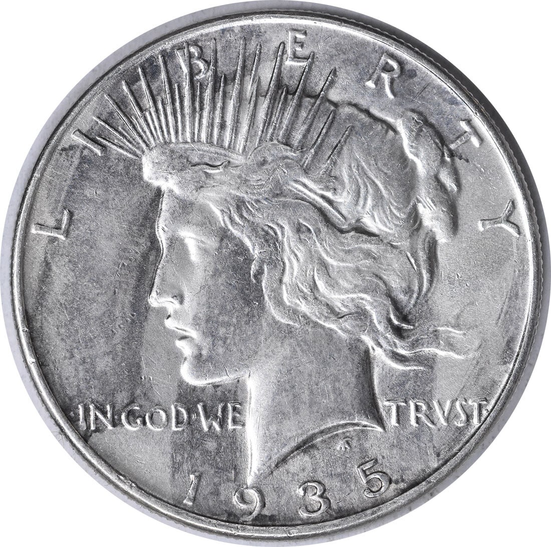 1935 Philadelphia Peace Dollar 90% Silver About Uncirculated Uncertified: 1935 Philadelphia Peace Dollar 90% Silver About Uncirculated Uncertified This is a 1935 Peace Silver Dollar from the United States, featuring the design by Anthony de Francisci. The coin was minted in