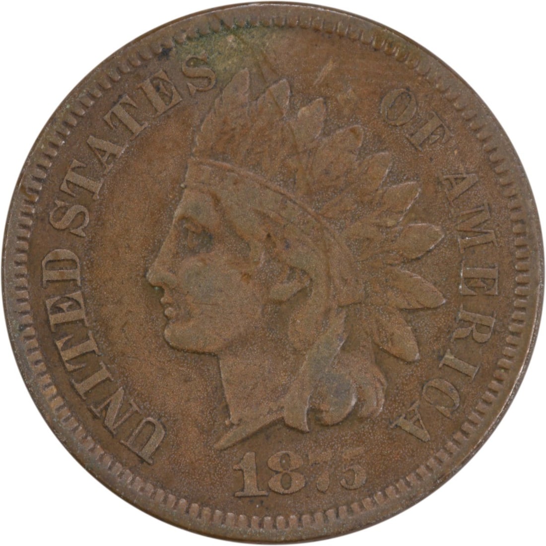 1875 Indian Head Cent VF Circulated Uncertified Philadelphia Mint: 1875 Indian Head Cent VF Circulated Uncertified Philadelphia Mint This 1875 Indian Cent is a beautifully circulated coin from the United States, featuring the iconic Indian Head design by James Barton