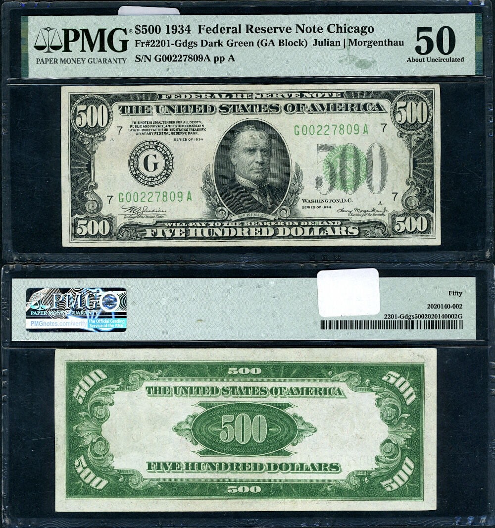 PMG AU50 1934 $500 Chicago Federal Reserve Note FR 2201 G-A Block: PMG AU50 1934 $500 Chicago Federal Reserve Note FR 2201 G-A Block This is a 1934 $500 Federal Reserve Note from the Chicago G-A Block, certified by PMG with a grade of AU50. The note features excellen