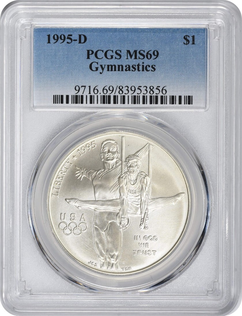 1995-D Silver Olympic Gymnastics Commemorative Dollar MS69 PCGS: 1995-D Silver Olympic Gymnastics Commemorative Dollar MS69 PCGS Celebrate the spirit of the 1995 Gymnastics Olympics with this stunning Silver Commemorative Dollar. Graded MS69 by PCGS, this uncircula
