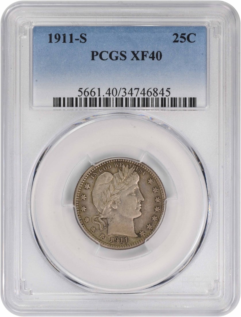 PCGS EF40 1911-S Barber Quarter 90 Percent Silver San Francisco: PCGS EF40 1911-S Barber Quarter 90 Percent Silver San Francisco This 1911-S Barber Silver Quarter is graded EF40 by PCGS and features a composition of 90% silver and 10% copper. Minted in San Francisc
