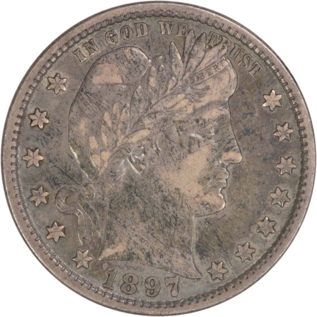 1897 Barber 25C Silver Coin Extra Fine Philadelphia Uncertified: 1897 Barber 25C Silver Coin Extra Fine Philadelphia Uncertified This is an 1897 Barber Quarter from the United States, minted in Philadelphia. The coin is circulated and remains in Extra Fine (EF) con