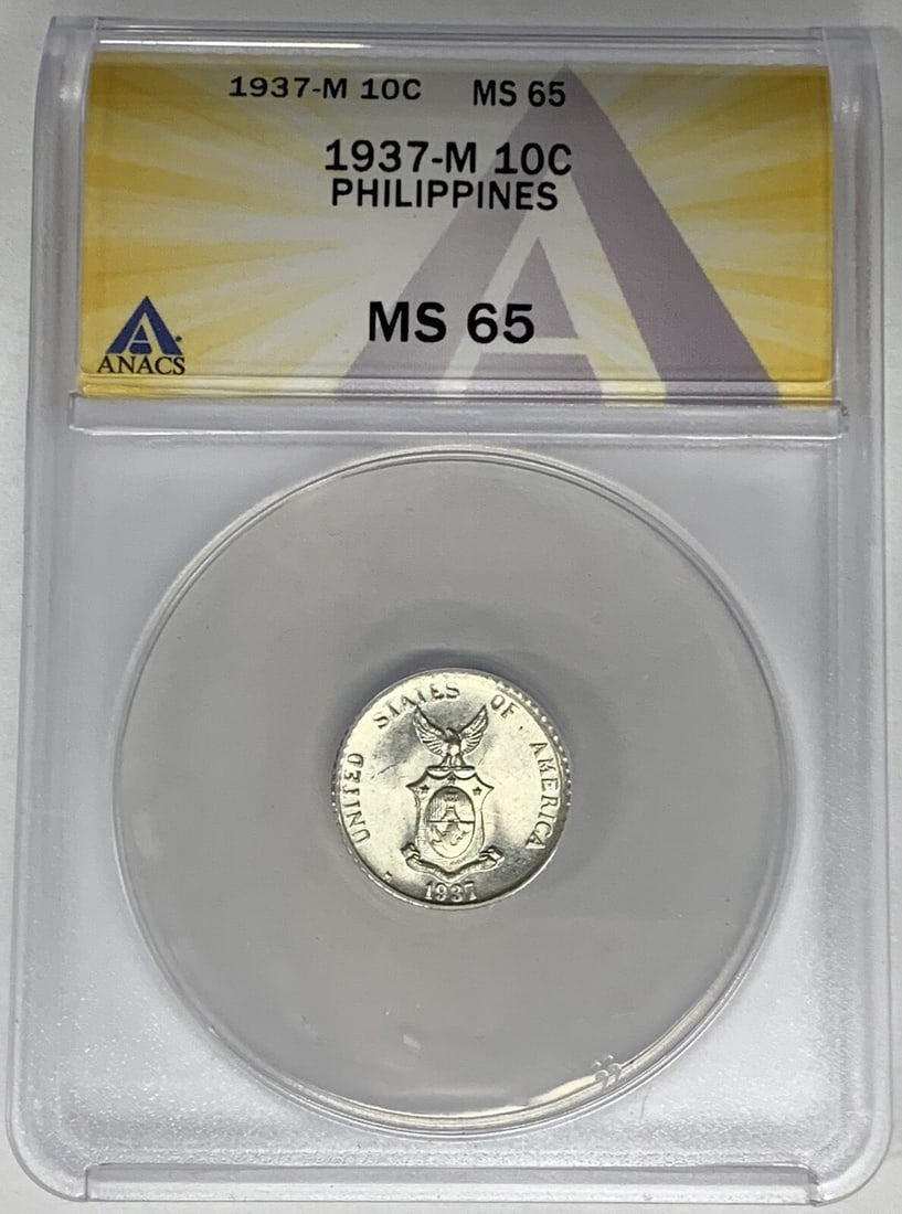 ANACS MS 65 Silver 1937-M Philippines 10 Centavos Certified Coin: ANACS MS 65 Silver 1937-M Philippines 10 Centavos Certified Coin This 1937-M Philippines 10 Centavos coin is certified by ANACS with a grade of MS 65. Minted during the U.S. administration era, the co