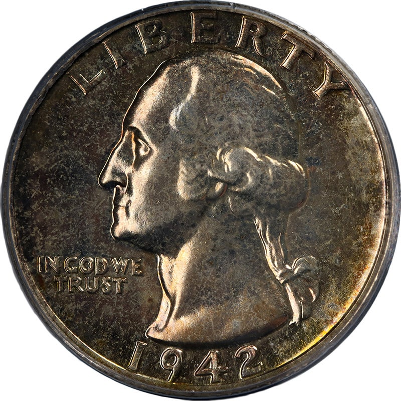 1942 Silver Proof Washington Quarter PCGS Graded PR64: 1942 Silver Proof Washington Quarter PCGS Graded PR64 This original 1942 Washington Quarter is a proof coin graded PR64 by PCGS. It features great eye appeal with fantastic luster, a nice strike, and 