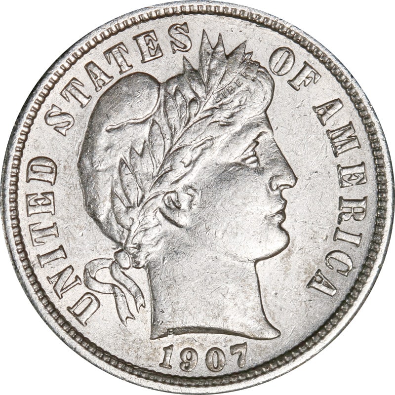 1907 Silver Dime from Philadelphia Mint Circulated US Coin: 1907 Silver Dime from Philadelphia Mint Circulated US Coin This is a 1907-P Barber Dime from the United States, composed of 90% silver. The coin is circulated and pre-owned, with a mint location of Ph