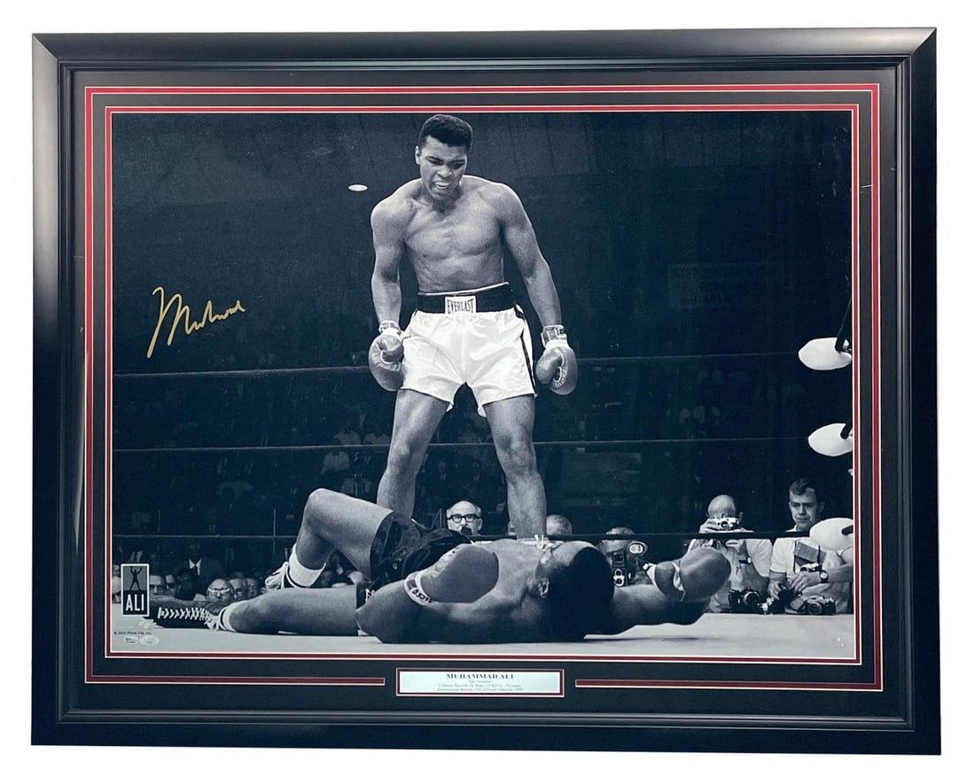 Framed 30x40 Muhammad Ali Signed Photo JSA LOA Iconic Liston Knockout Moment: Framed 30x40 Muhammad Ali Signed Photo JSA LOA Iconic Liston Knockout Moment This is an original, large-format black and white photograph featuring Muhammad Ali standing over Sonny Liston, capturing o