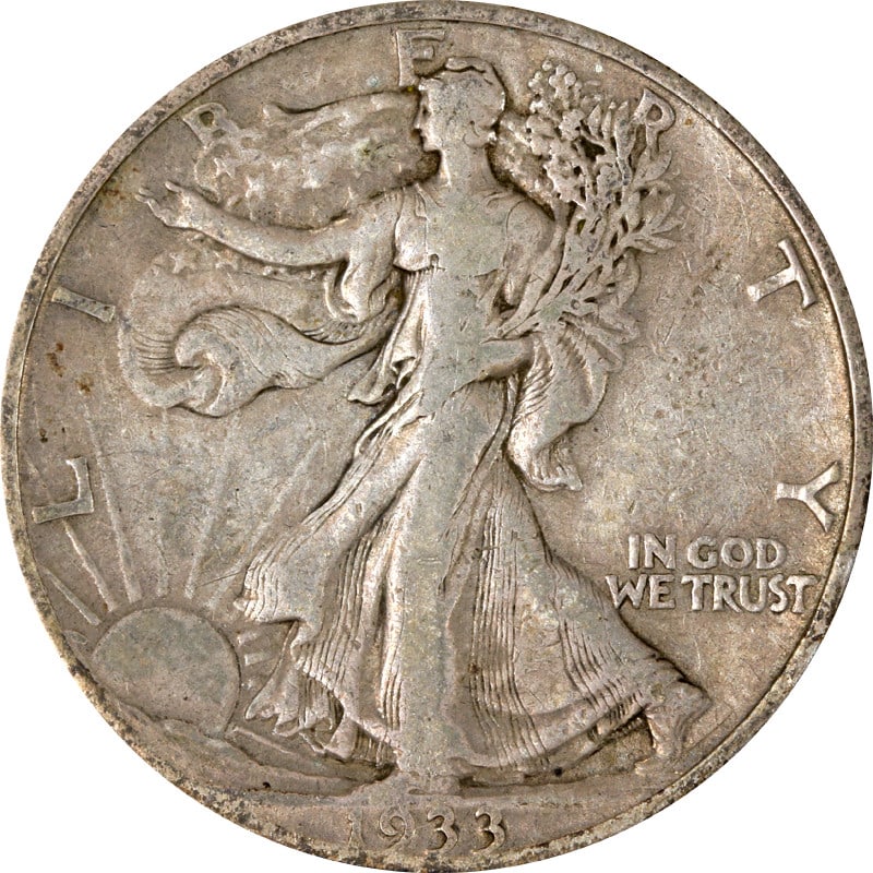 1933 San Francisco Mint Silver Walking Liberty Half Dollar Coin: 1933 San Francisco Mint Silver Walking Liberty Half Dollar Coin This 1933-S Walking Liberty Half is a circulated silver coin minted in San Francisco. The coin has a fineness of 0.9 and is offered in p