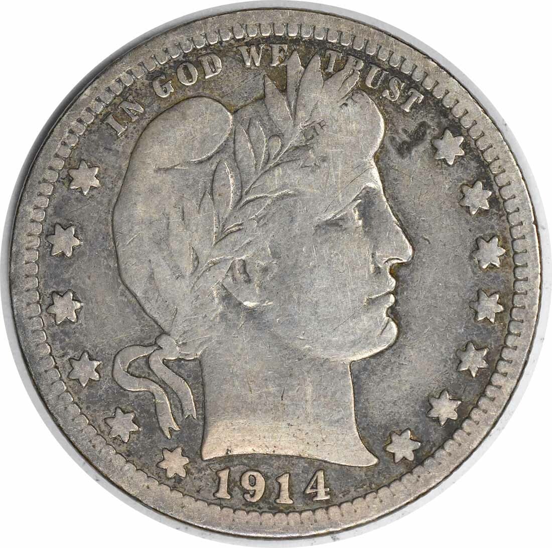 Barber Quarter 1914 San Francisco Mint Fine Grade Uncertified Silver Coin (1 of 2)