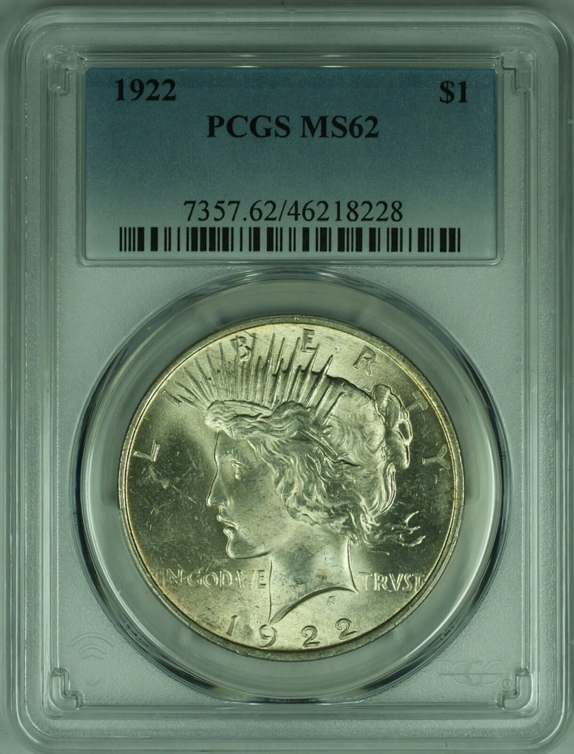 PCGS MS-62 1922 Peace Dollar Silver Coin Philadelphia Mint: PCGS MS-62 1922 Peace Dollar Silver Coin Philadelphia Mint This 1922 Peace Silver Dollar is an uncirculated $1 coin from the United States, minted in Philadelphia. Certified by PCGS with a grade of MS