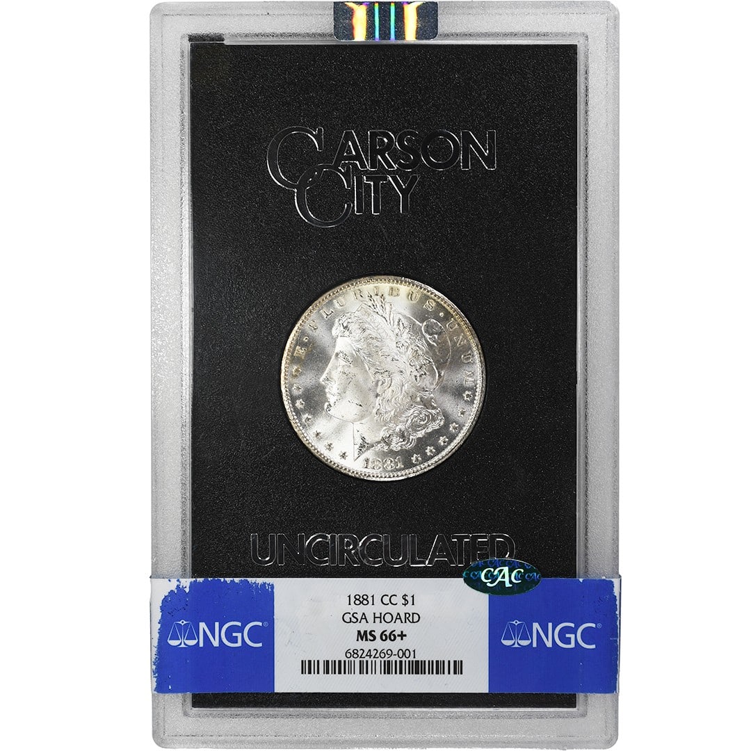 GSA Hoard 1881-CC Morgan Silver Dollar NGC CAC MS66 Plus Carson City: GSA Hoard 1881-CC Morgan Silver Dollar NGC CAC MS66 Plus Carson City This is an 1881-CC Morgan Dollar, part of the GSA Hoard, graded MS66+ by NGC and CAC certified. The coin was minted in Carson City 