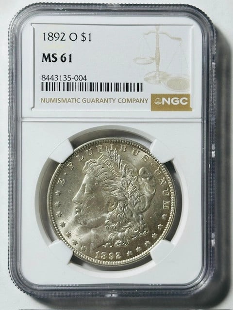 NGC MS61 1892 New Orleans Mint Morgan Silver Dollar: NGC MS61 1892 New Orleans Mint Morgan Silver Dollar This 1892 O Morgan Silver Dollar is certified by NGC with a grade of MS 61. Minted in New Orleans, this uncirculated coin features a silver composit