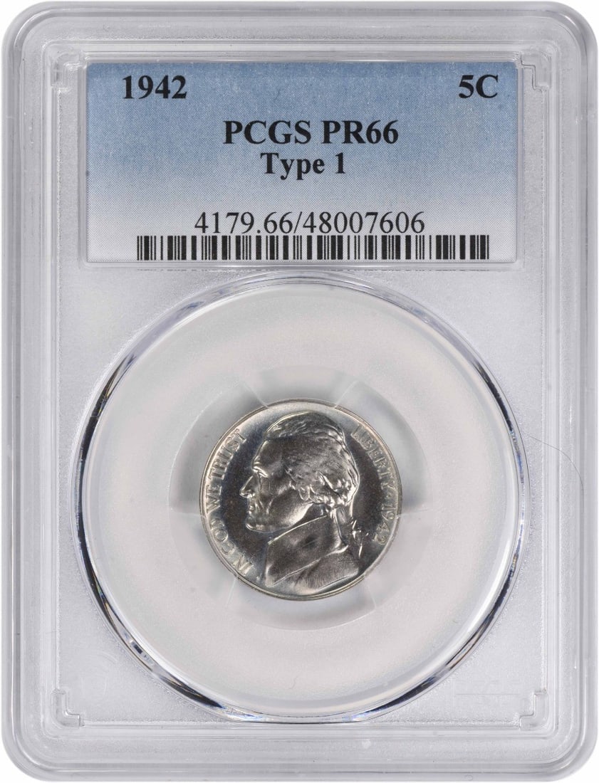 1942 Jefferson Nickel Type 1 PR66 PCGS Uncirculated Proof Coin: 1942 Jefferson Nickel Type 1 PR66 PCGS Uncirculated Proof Coin This 1942 Jefferson Nickel Type 1 is a remarkable piece, graded PR66 by PCGS, signifying its premium quality. It features a proof strike 