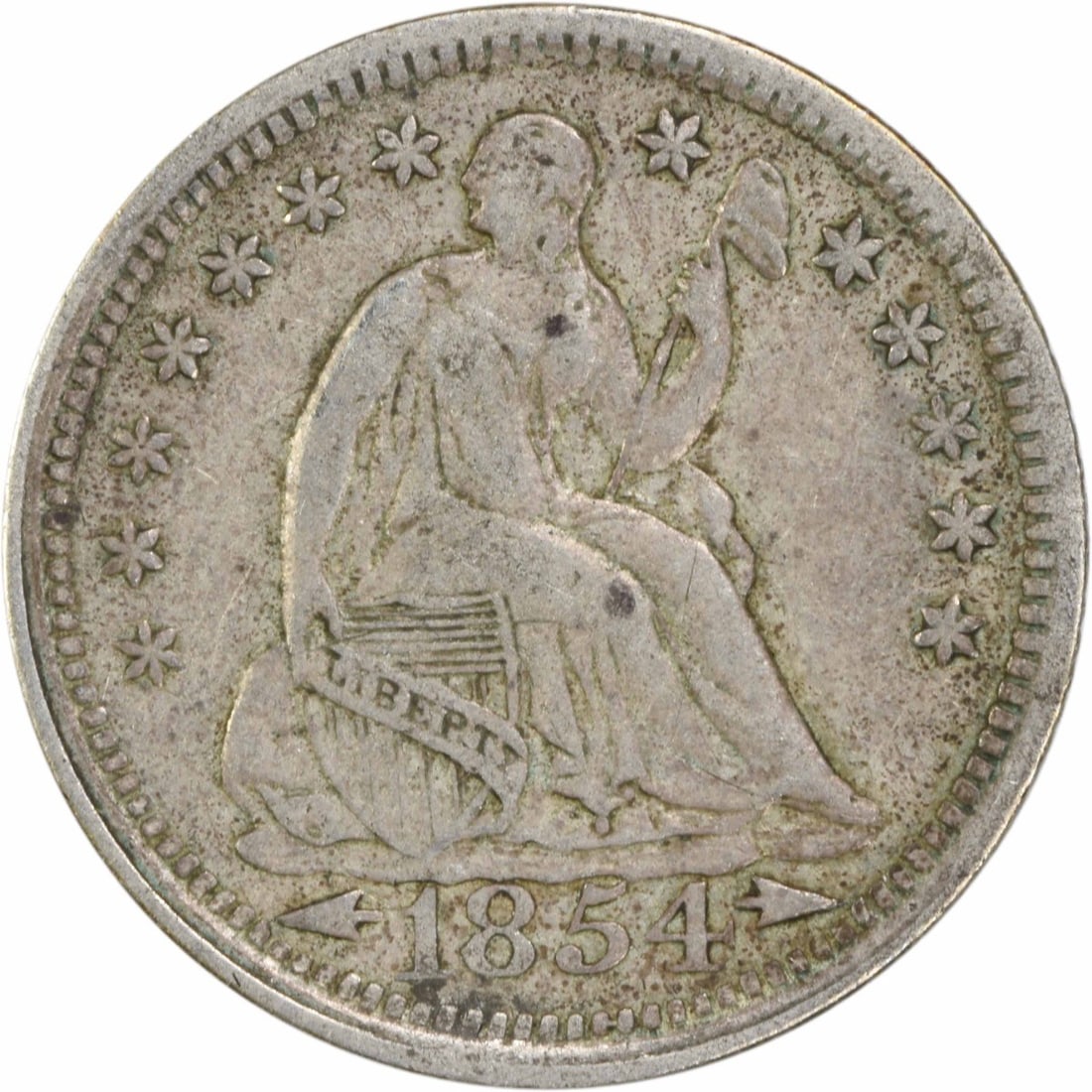 1854 Liberty Seated Half Dime 90% Silver Uncertified: 1854 Liberty Seated Half Dime 90% Silver Uncertified Discover a piece of American history with this 1854 Liberty Seated Silver Half Dime. This coin, featuring the iconic design by Christian Gobrecht, 