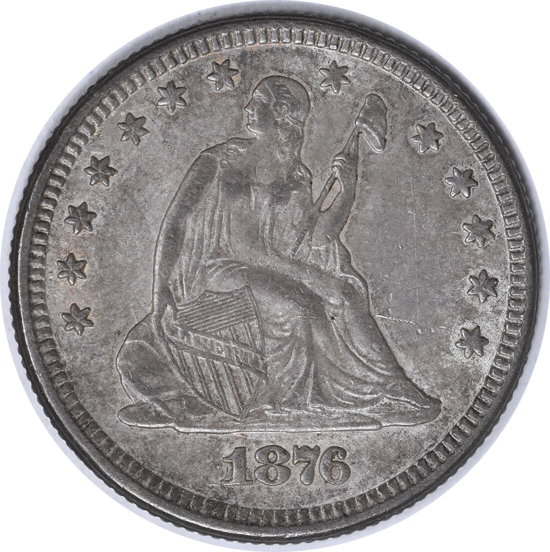 Seated Liberty 25C 1876 Silver Quarter MPD-2 Wide West AU Uncertified: Seated Liberty 25C 1876 Silver Quarter MPD-2 Wide West AU Uncertified This is an 1876 Liberty Seated Silver Quarter, MPD-2 1 Wide West variety, struck at the Philadelphia Mint. The coin is circulated 