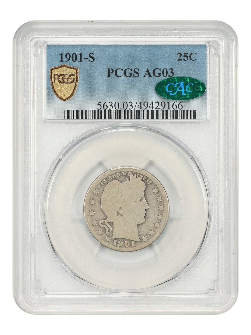 Barber Quarter 1901-S PCGS CAC AG03 Key Date San Francisco Mint 25C: Barber Quarter 1901-S PCGS CAC AG03 Key Date San Francisco Mint 25C This 1901-S Barber Quarter is a highly sought-after key date in the Barber Quarter series. Certified by PCGS and CAC-approved, this 