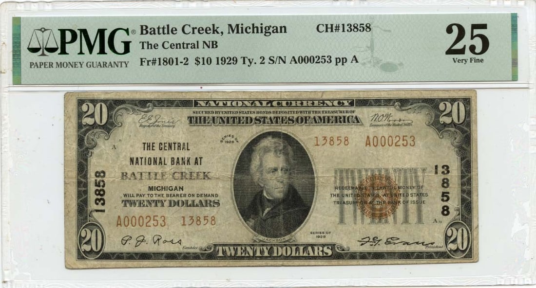 Central National Bank Battle Creek 1929 $20 PMG VF25 Certified Note: Central National Bank Battle Creek 1929 $20 PMG VF25 Certified Note This is a 1929 $20 National Bank Note from Central National Bank, Battle Creek, Michigan, designated FR#1801-2. The note is certifie