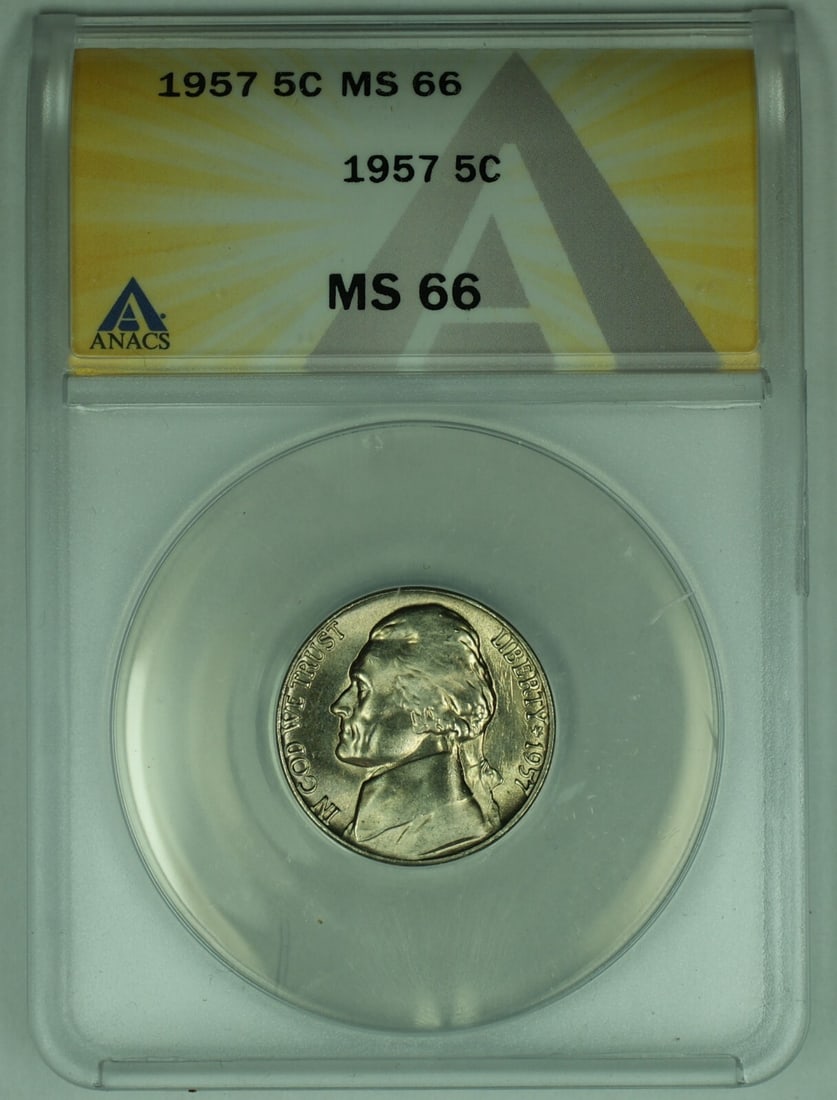 1957 Jefferson Nickel 5C ANACS MS 66 Uncirculated Coin: 1957 Jefferson Nickel 5C ANACS MS 66 Uncirculated Coin This 1957 Jefferson Nickel is a remarkable collectible coin from the United States, featuring an uncirculated grade of MS 66 as certified by ANAC