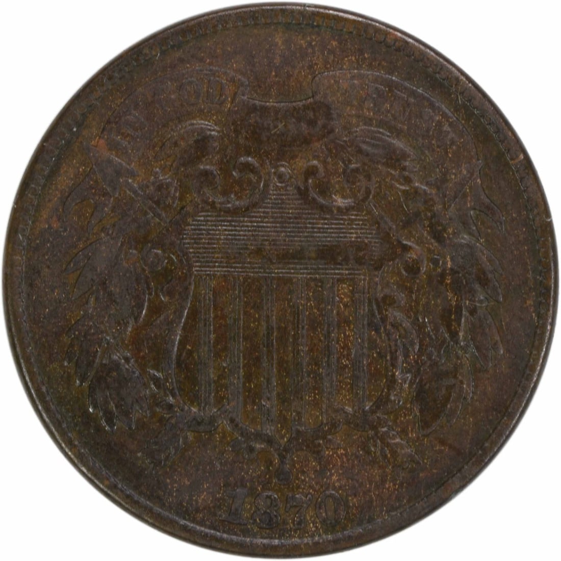 1870 Two Cent Piece Bronze Circulated Uncertified: 1870 Two Cent Piece Bronze Circulated Uncertified This 1870 Two Cent Piece is a historically significant coin from the Philadelphia mint, featuring the design of James Barton Longacre. With a denomina