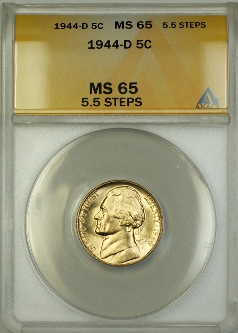 1944-D Denver Silver Jefferson Nickel 5 Cent ANACS MS-65 5.5 Steps: 1944-D Denver Silver Jefferson Nickel 5 Cent ANACS MS-65 5.5 Steps This is a 1944-D Wartime Silver Jefferson Nickel with a denomination of 5 cents. Certified by ANACS and graded MS-65, this uncirculat