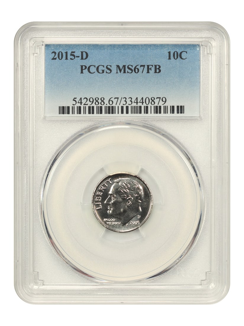 2015-D Roosevelt Dime PCGS MS67 FB Denver Mint Certified: 2015-D Roosevelt Dime PCGS MS67 FB Denver Mint Certified This 2015-D Roosevelt Dime is an exceptional uncirculated coin, graded MS67 by PCGS with a Full Bands (FB) designation. It showcases the qualit
