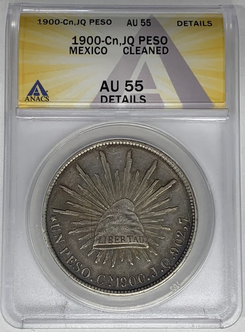 Silver 1900 Mexico 1 Peso Coin ANACS AU 55 Cleaned: Silver 1900 Mexico 1 Peso Coin ANACS AU 55 Cleaned This is a 1900-Cn,JQ Mexico Peso coin, certified by ANACS with an AU 55 Details grade and noted as cleaned. The coin is composed of silver, originate