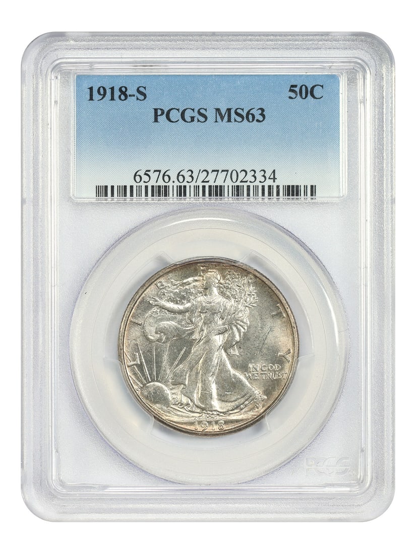 1918 San Francisco Walking Liberty Half Dollar PCGS MS63: 1918 San Francisco Walking Liberty Half Dollar PCGS MS63 This 1918-S Walking Liberty Half Dollar is graded MS63 by PCGS and features strong luster with attractive orange-tan hues along the rims and mo
