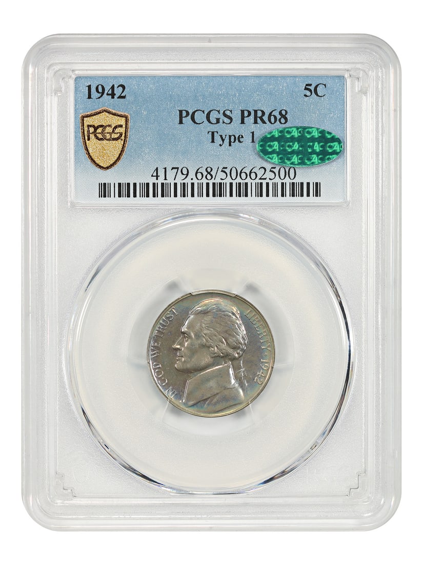 1942 Jefferson Nickel Proof PR68 PCGS CAC Rainbow Toned Type 1: 1942 Jefferson Nickel Proof PR68 PCGS CAC Rainbow Toned Type 1 This is a 1942 Jefferson Nickel, denomination 5C, graded PR68 by PCGS and CAC certified. It is an uncirculated proof coin from the Philad