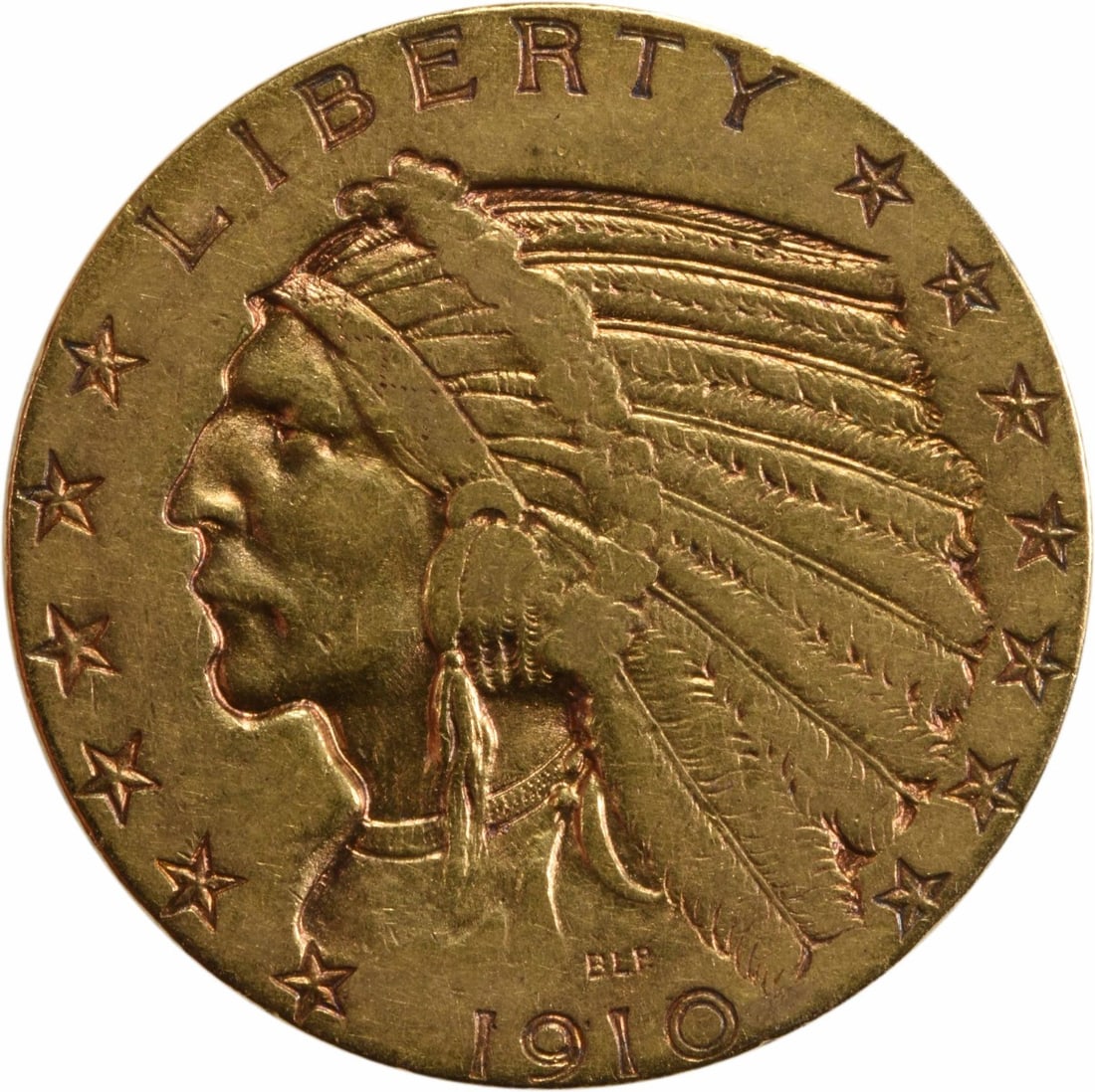 1910-D $5 Gold Indian Coin by Bela Lyon Pratt VF Uncertified: 1910-D $5 Gold Indian Coin by Bela Lyon Pratt VF Uncertified This 1910-D $5 Gold Indian coin is a stunning example of American numismatic history. Designed by Bela Lyon Pratt, this coin features a bea