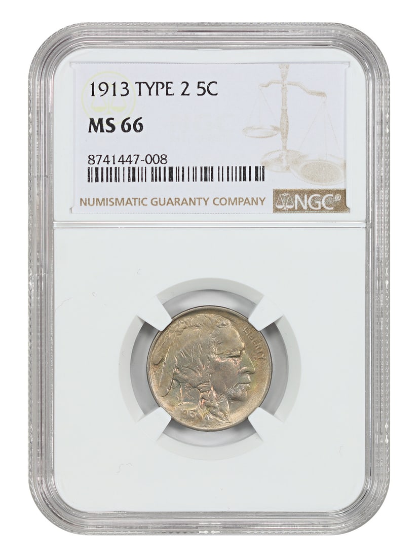 1913 Buffalo Nickel NGC MS66 Type 2 Philadelphia Five Cent Coin: 1913 Buffalo Nickel NGC MS66 Type 2 Philadelphia Five Cent Coin This 1913 Buffalo Nickel is graded MS66 by NGC and features the Type 2 revised reverse design. Struck in Philadelphia, it represents the