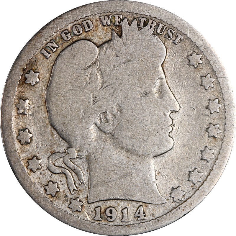 1914 San Francisco Silver Barber Quarter Circulated US Coin: 1914 San Francisco Silver Barber Quarter Circulated US Coin This is a 1914-S Barber Quarter from the United States, minted in San Francisco. The coin is composed of silver and is in circulated, pre-ow