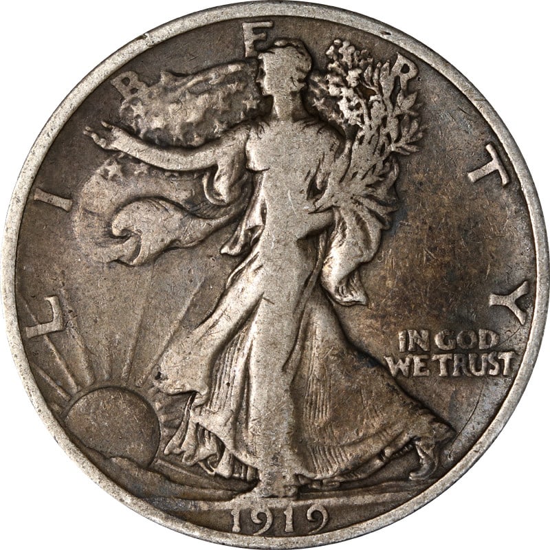 1919 Philadelphia Walking Liberty Silver Half Dollar Coin: 1919 Philadelphia Walking Liberty Silver Half Dollar Coin This 1919-P Walking Liberty Half Dollar is a circulated, pre-owned coin from the United States. Composed of silver with a fineness of 0.9, it 