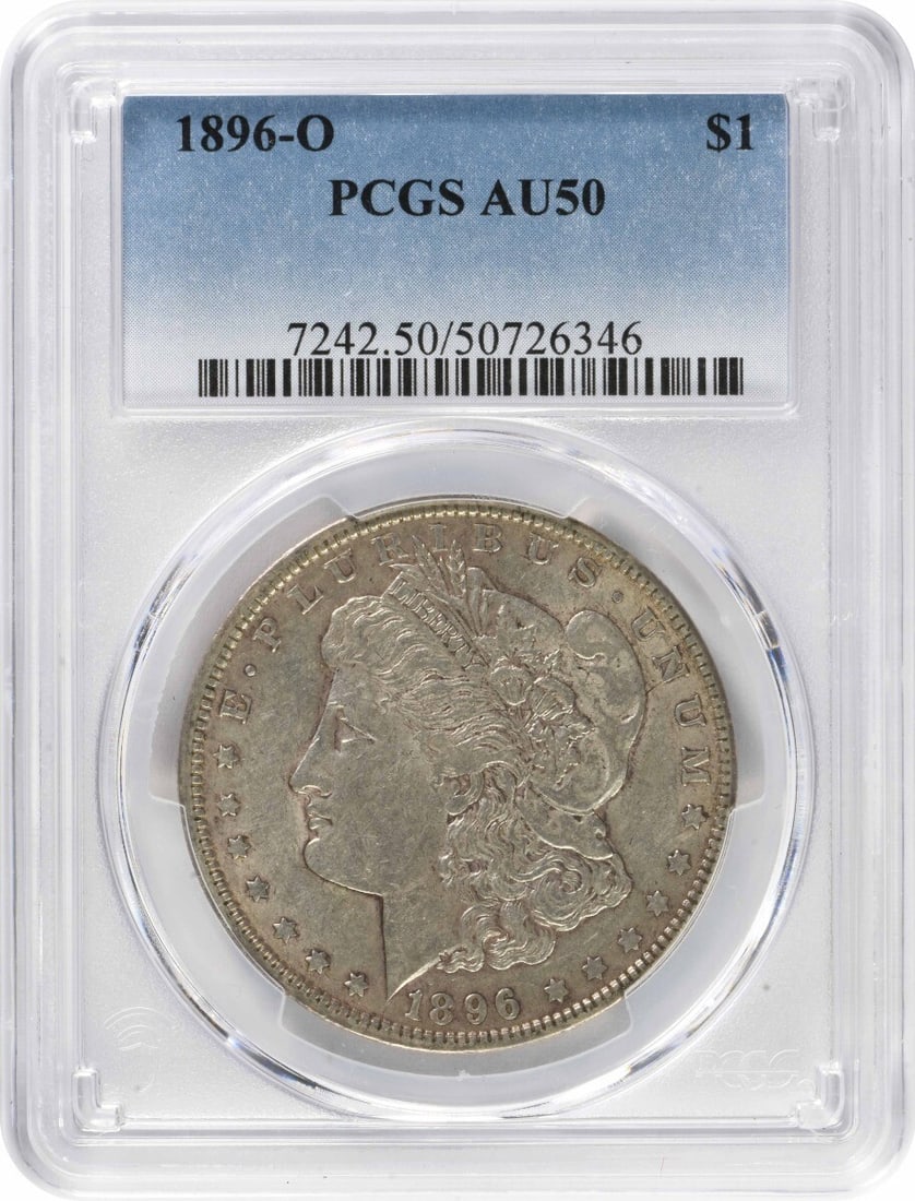 1896-O Morgan Silver Dollar AU50 PCGS Certified Coin: 1896-O Morgan Silver Dollar AU50 PCGS Certified Coin This 1896-O Morgan Silver Dollar is a beautiful example of American coinage, featuring a design by George T. Morgan. Certified by PCGS with an AU50