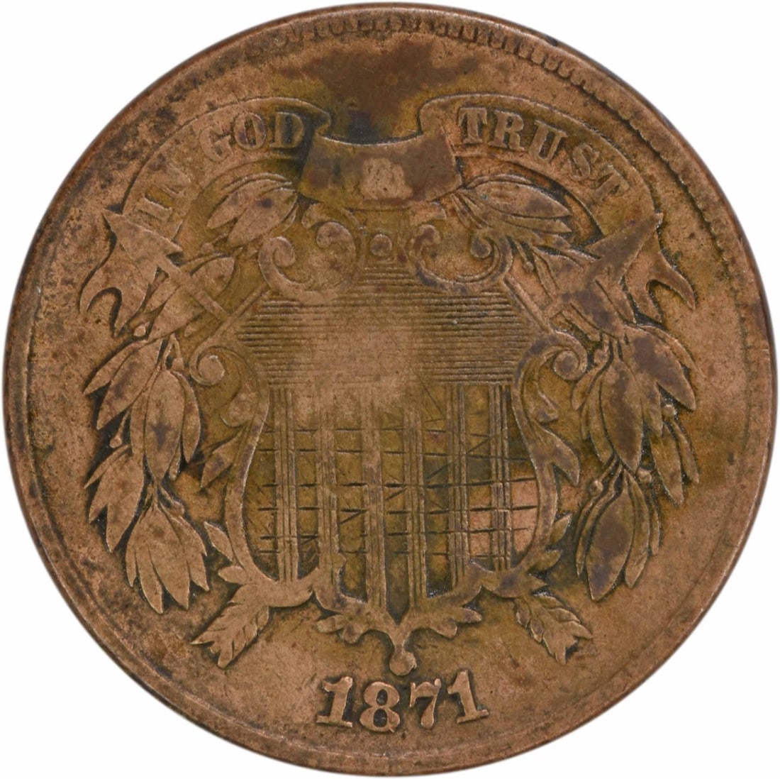 1871 Two Cent Piece Bronze VG Uncertified Philadelphia Mint: 1871 Two Cent Piece Bronze VG Uncertified Philadelphia Mint This 1871 Two Cent Piece is a remarkable coin featuring a bronze composition and a plain edge. Designed by James Barton Longacre, it was min